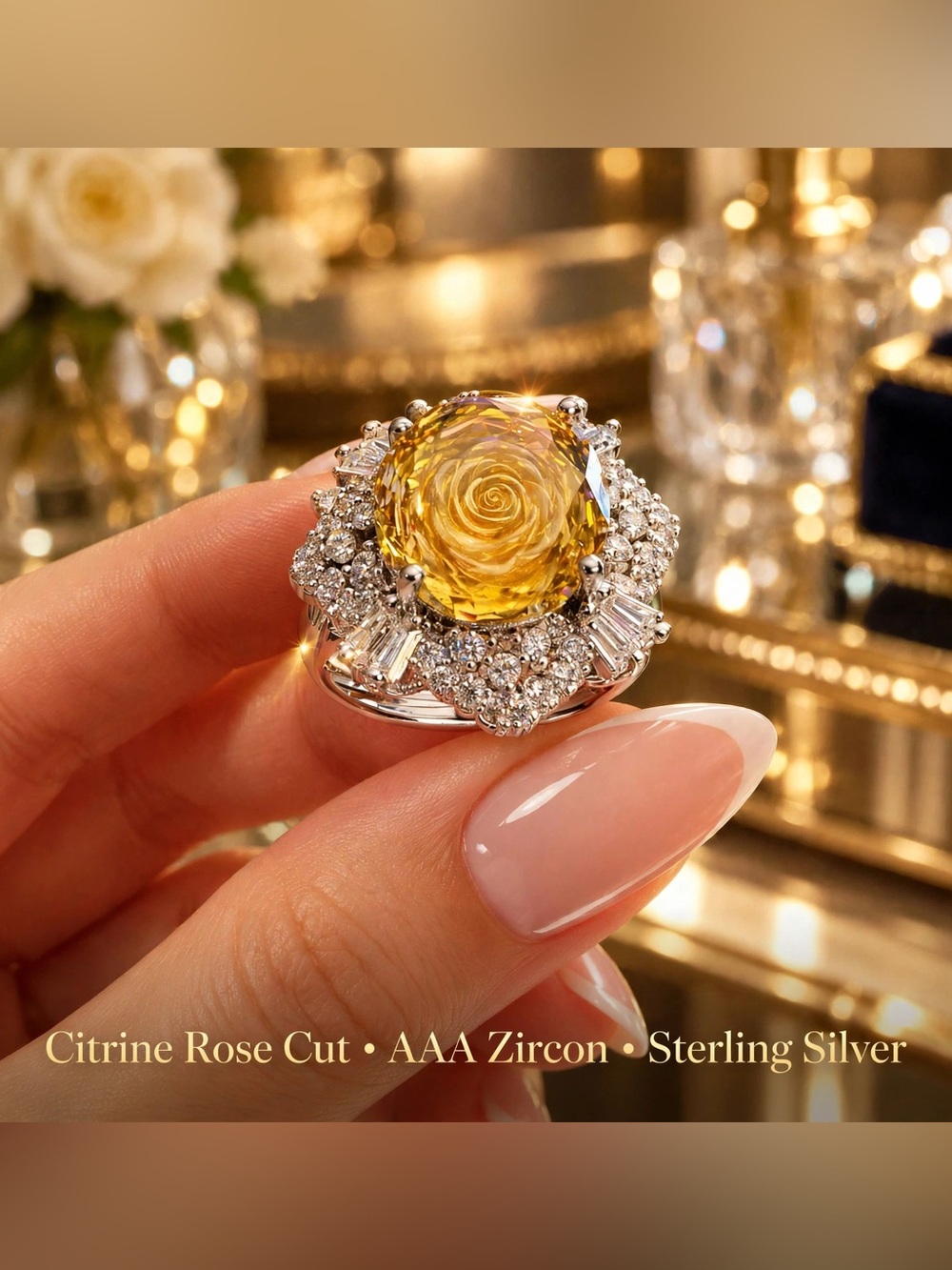 Sterling Silver Citrine Rose-Cut Cocktail Ring with AAA Zircons